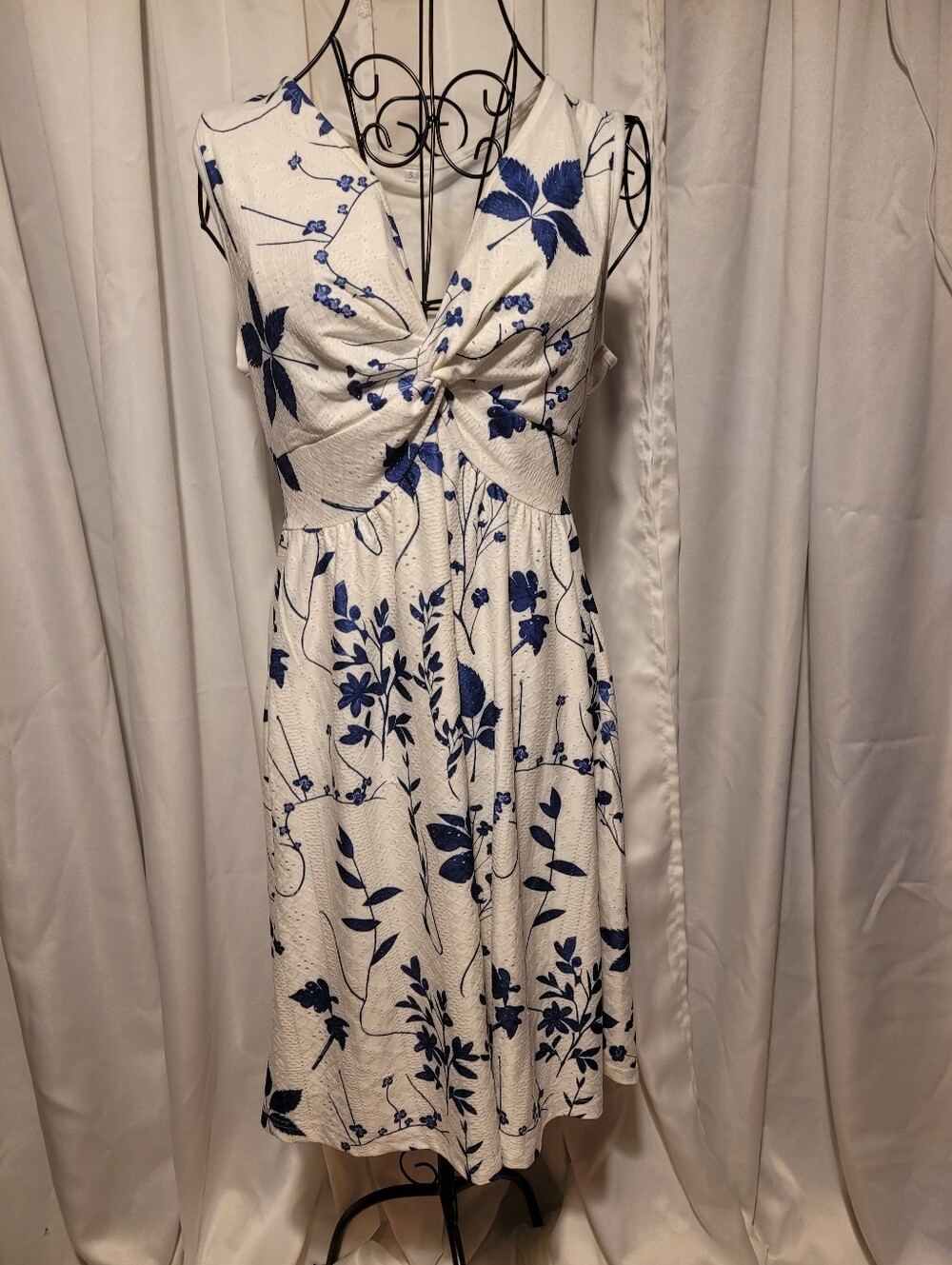 Twist-Front White Dress with Blue Floral Print